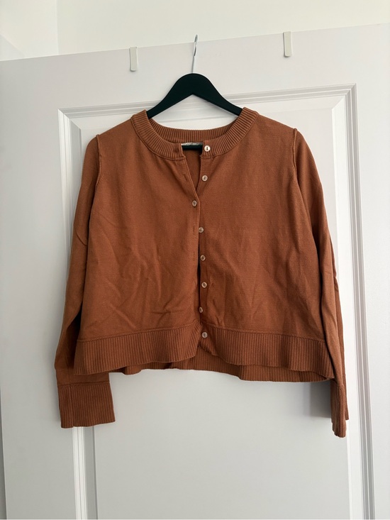 Dex Sweaters - Dex Button-Front Crewneck Cardigan in Rust Brown
